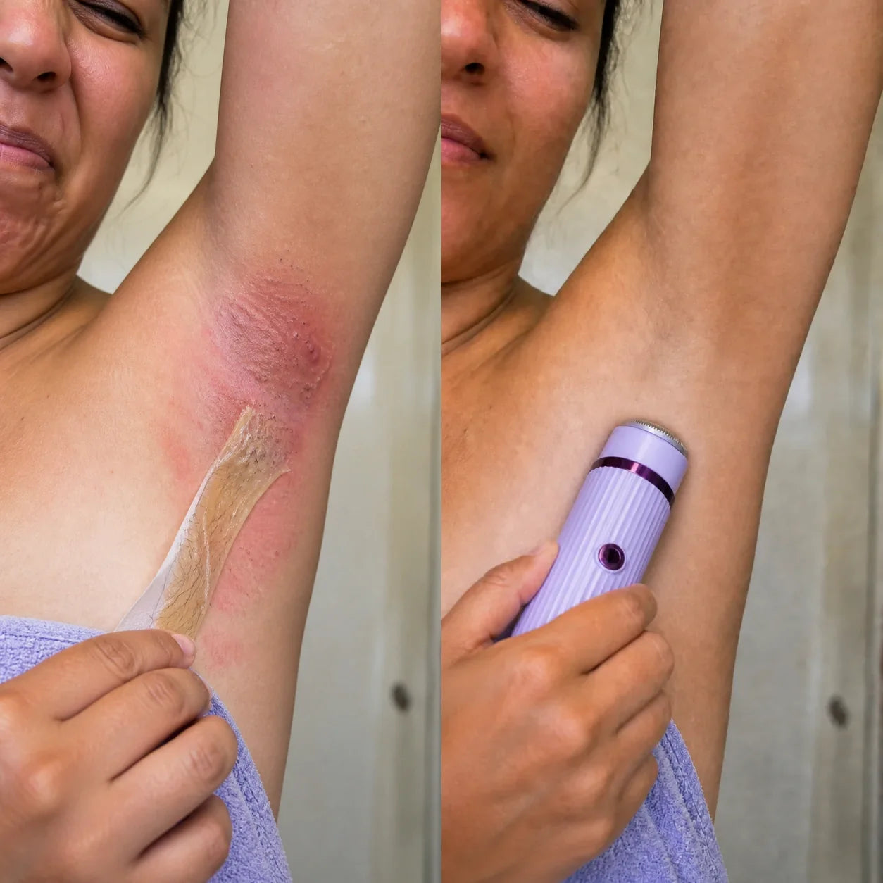 Axila irritada por la cera antes y piel depilada con PRECISSA después